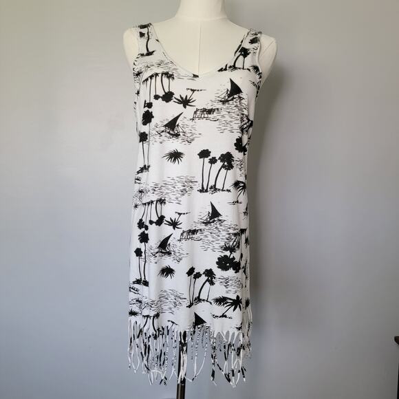 Lagaci Fringe Tank Top Women M Black White Tropical Palms Cover Up Casual Cotton - Picture 1 of 10